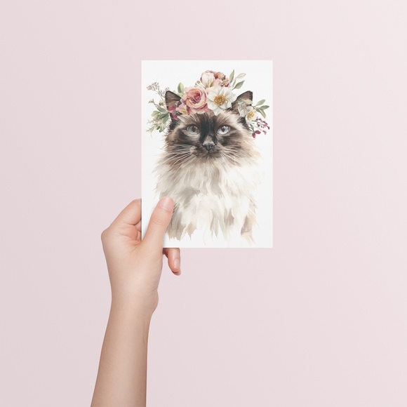 Watercolor Ragdoll Cat with Flower Crown Wall Art Print Unframed - Picture 5 of 7